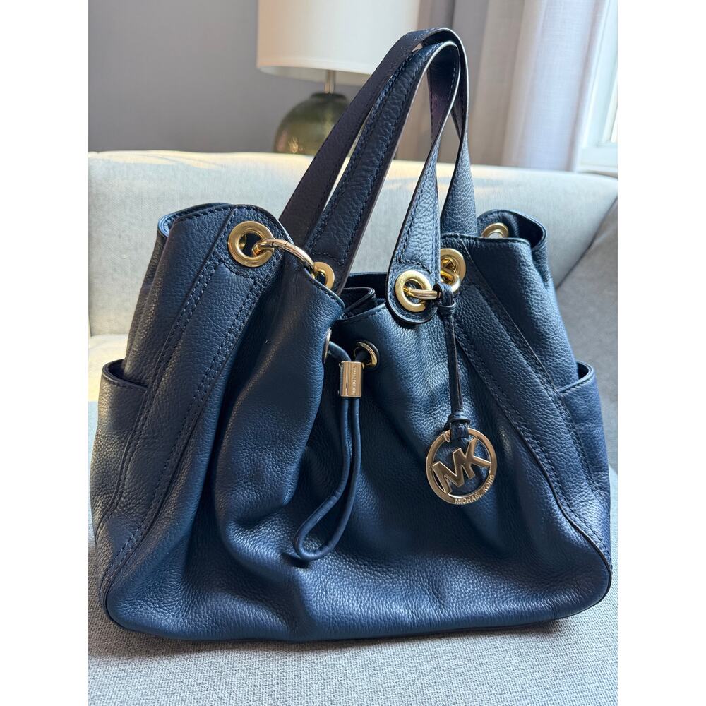 Michael Kors Leather Ludlow Drawstring Hobo Shoulder Bag Blue